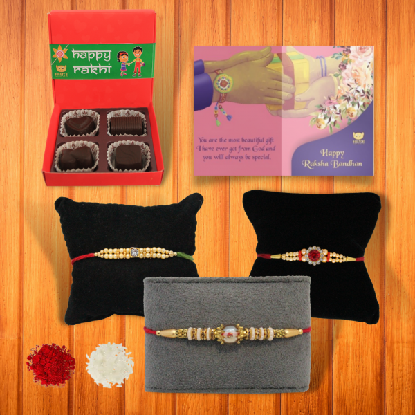 BOGATCHI 4 Chocolate Box 3 Rakhi Roli Chawal and Greeting Card A | Rakhi with Chocolates |  Rakhi Chocolates Gifts